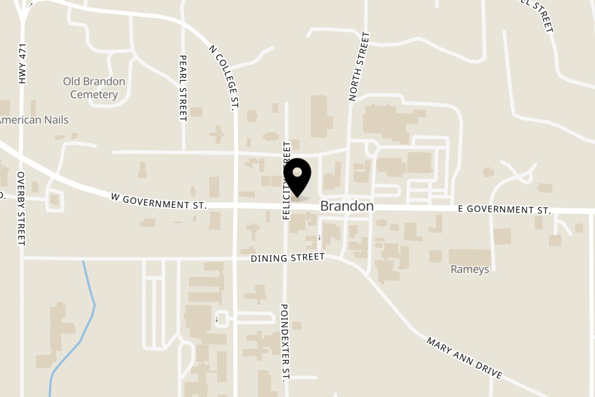 Map showing the location of Burgers Blues Barbecue Brandon on 168 W Government St in Brandon