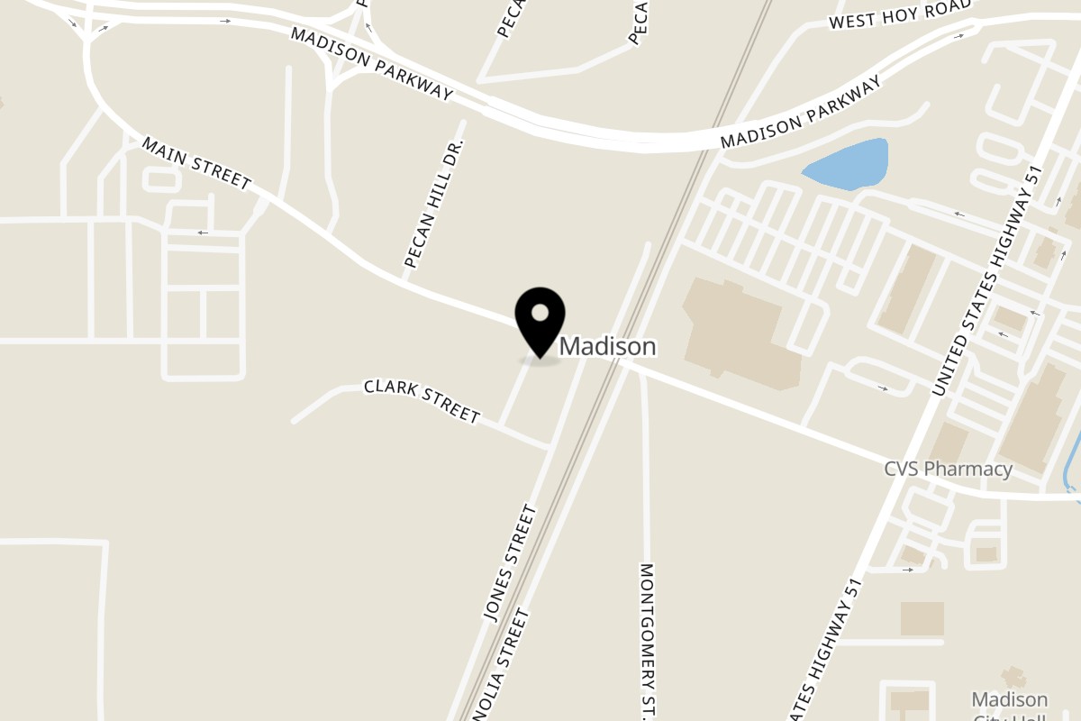 Map showing the location of Burgers Blues Barbecue Madison on 2077 Main St in Madison